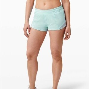 NWOT Lululemon Hazy Jade Blue Glow Hotty Hot Running Shorts 14